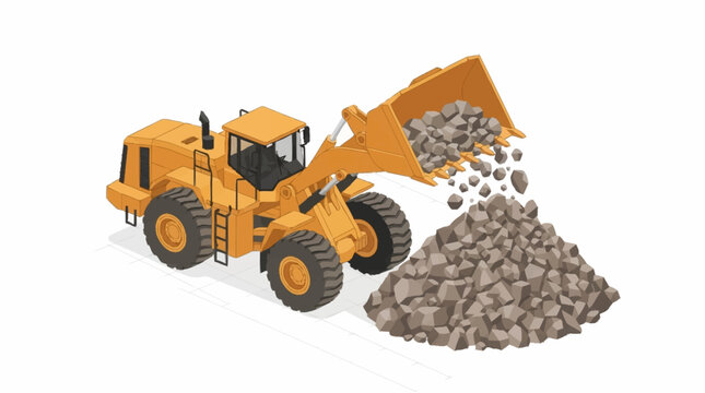 Yellow construction wheel loader moving gravel pile.