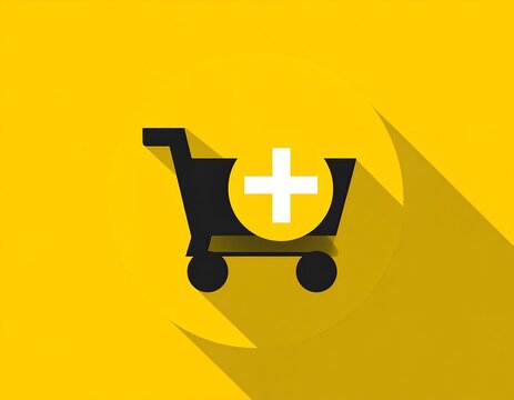 Shopping cart icon with a plus sign for adding items, flat vector illustration