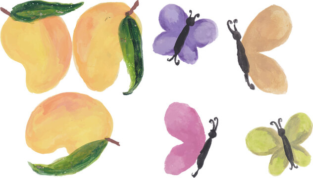Mangos and colorful butterflies hand drawn watercolor clip art