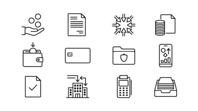 Minimalist business and finance icon set, 12 professional line icons for banking and accounting, black thin stroke vector symbols for corporate web design