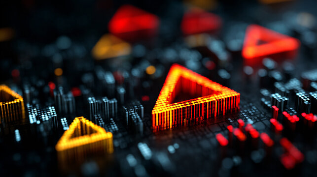 Glowing warning triangles on dark background. Digital risk management and financial crisis concept.
