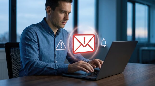 Professional reviewing suspicious email notification on modern laptop in office setting with focused individual examining urgent email notifications
