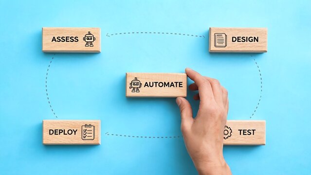 Automated Office Workflow Implementation Process Steps Flat Lay Strategy