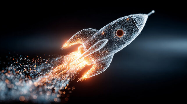 Digital rocket launch concept. Business startup growth and innovation technology background.