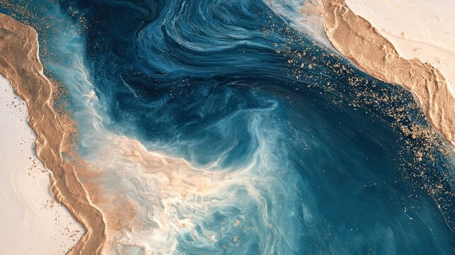 Textured abstract banner composition, swirling deep blue cobalt and white paint brushstroke textures framed by jagged organic gold leaf borders on white backdrop, scattered gold foil particles and spl