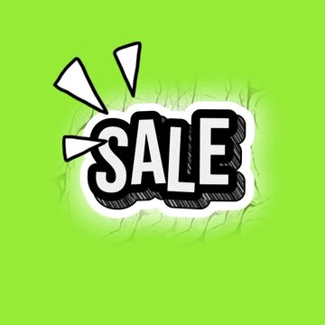 Animated sale sign in comic book style on green background discount pop art shopping retail discount pop art shopping retail