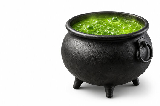 A rounded cast iron cauldron with a pitted matte surface and thick rolled rim, brimming with glossy bubbling green liquid, on a pure white studio floor. Generative AI.
