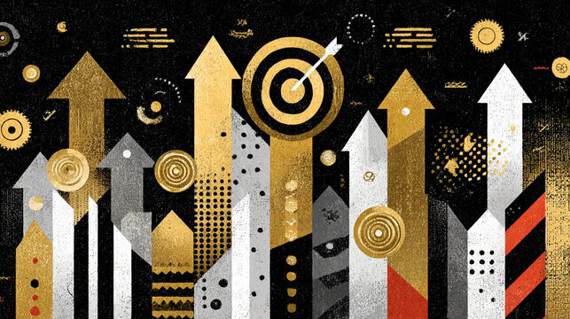 Business growth arrows with target icon. Financial success and corporate strategy concept.
