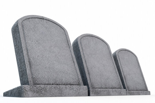 A cluster of three leaning blank headstones photographed from a very low ground-level angle so they rise steeply into an empty white field. Generative AI.