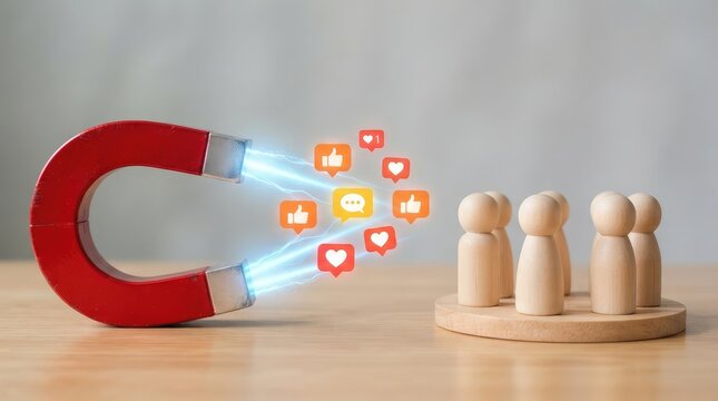 Magnet attracting digital engagement icons toward wooden figure group with chat bubbles toward trio simple wooden figures light wooden surface under soft studio lighting