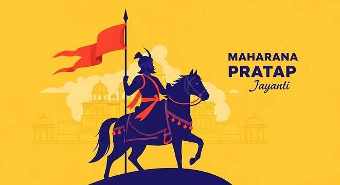Flat vector illustration of Maharana Pratap riding a horse, holding a spear with a waving red flag, strong warrior posture