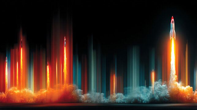 Rocket launch startup concept. Business growth and innovation success with space exploration.