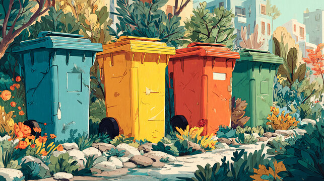 Colorful recycling bins for waste management. Sorting trash for environmental sustainability.