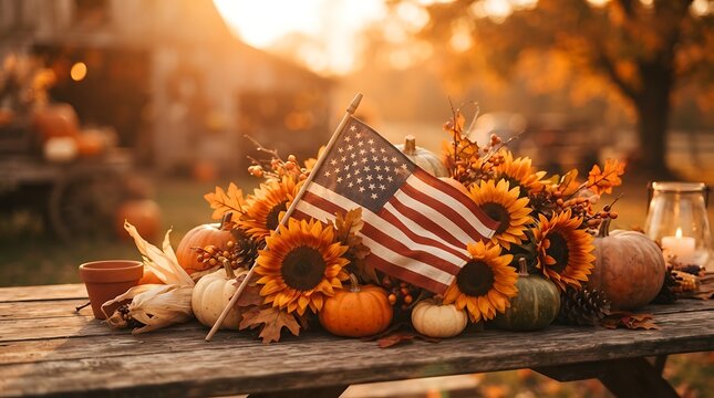 Rustic autumn table centerpiece featuring sunflowers pumpkins and an american flag during a warm golden hour sunset