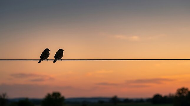 Two birds silhouetted on a wire at sunset