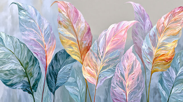 Large Translucent Tropical Leaves Impasto Oil Painting Wallpaper Background