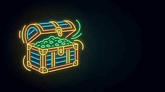 Glowing neon treasure chest full of coins on a dark brick wall