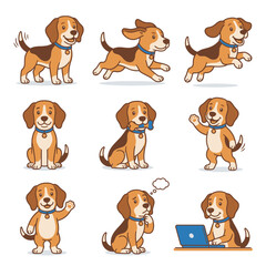 Fototapeta premium Collection of cute beagle dog character poses and actions.