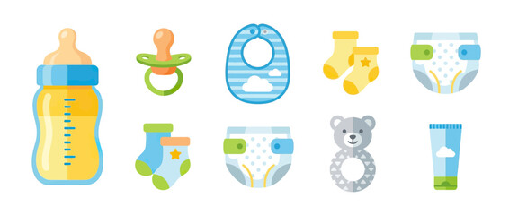 Fototapeta premium Cute Baby Essentials Flat Icon Set