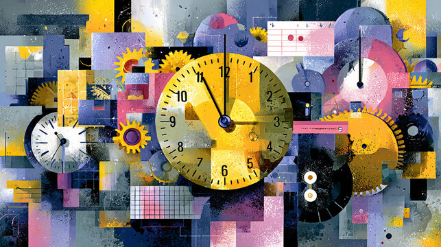 Abstract clock collage representing time management. Conceptual business productivity artwork.