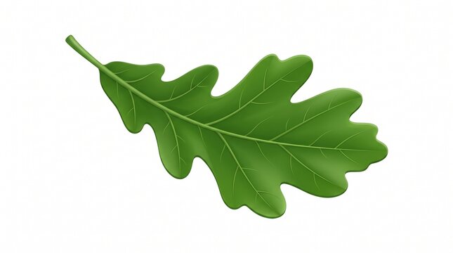 A vibrant green oak leaf rendered in a realistic 3D vector graphic style, isolated on a white background, showcasing intricate details and natural contours