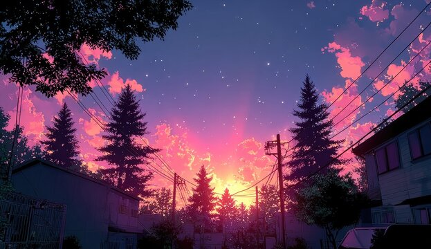 Sunset over a quiet residential street, stylized illustration.  Silhouette trees line a road, houses are visible. Vibrant sunset colors