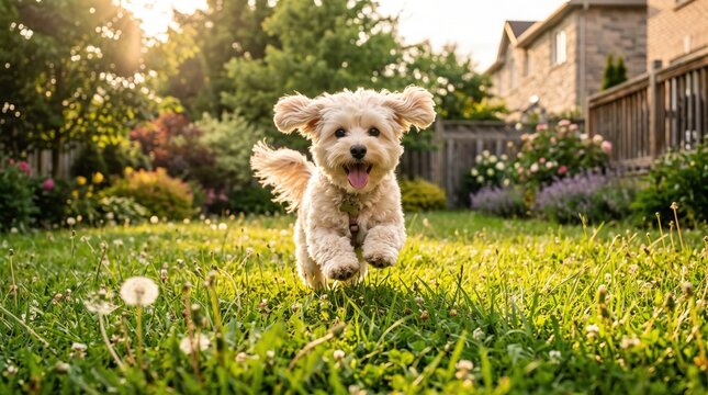 A happy fluffy Maltipoo  joyfully runs on a sunny summer day in a green backyard, low angle shot.