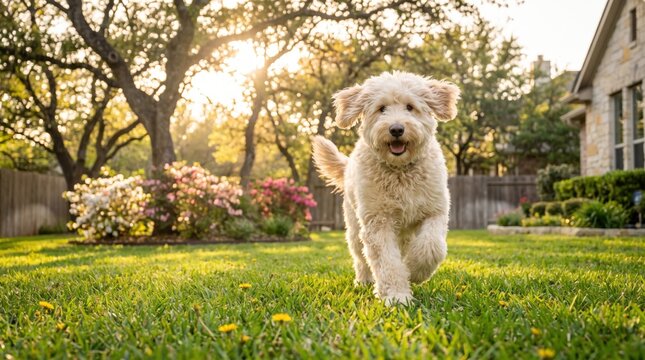 A happy fluffy puppy runs joyfully across a vibrant green backyard lawn during a beautiful golden hour summer day.