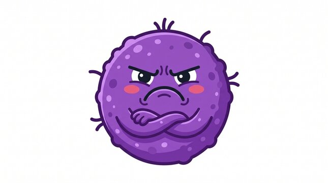 Angry purple spherical microbe character crossing arms vector illustration isolated on white background. Grumpy cell mascot for pathogen, virus infection, and bad bacteria concept
