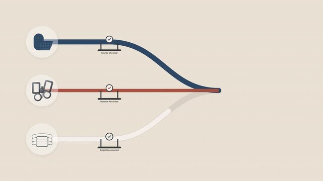 Minimalist infographic animation displaying three distinct colored paths merging into one singular line representing supply chain transparency and ethical verification