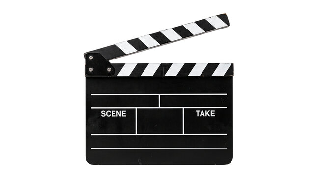 Movie clapper board open on top with scene and take labels, transparent background.