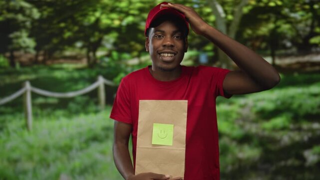Man wearing red cap and red shirt holding paperbag with smile sticker touches head in green forest park; surprise.