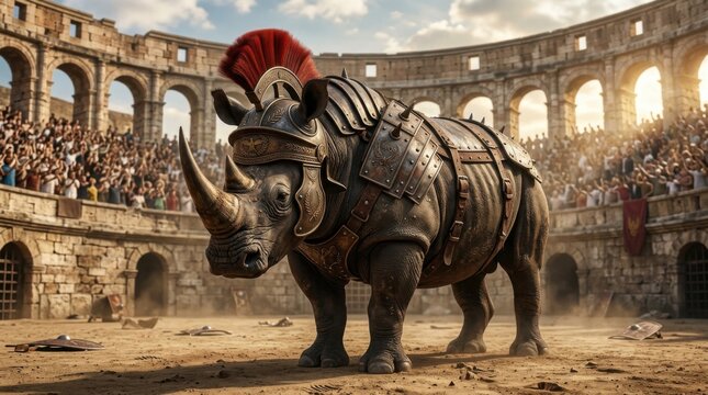 Armored Rhinoceros Gladiator in Roman Colosseum Arena.