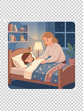 Mother tucking her young child into bed at night in a cozy room