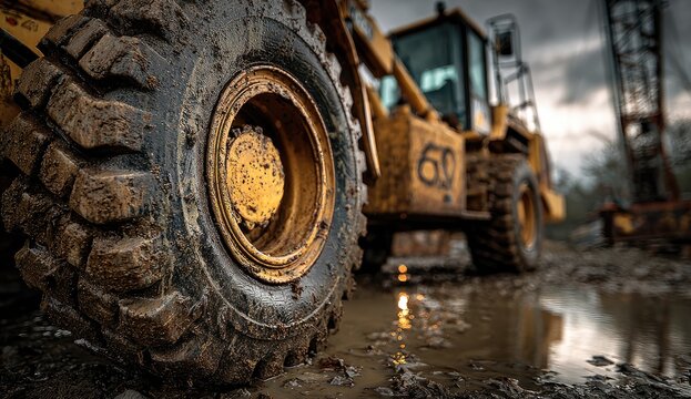 Close-up of a muddy construction vehicle tire