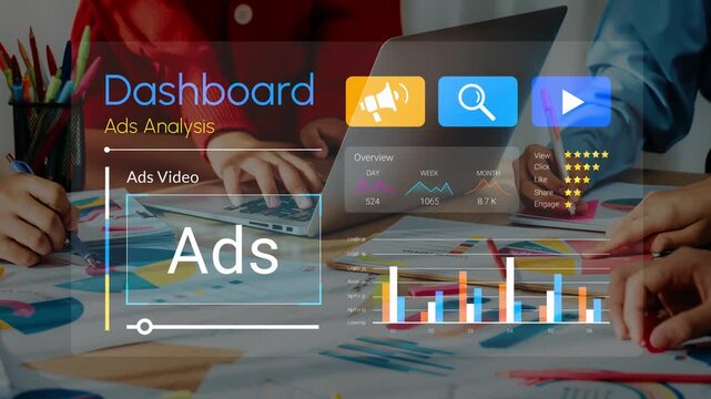 Colorful Workspace with Hands Analyzing Dashboard and Ads Video Performance Metrics on Laptop Screen with Charts and Graphs Gluon.