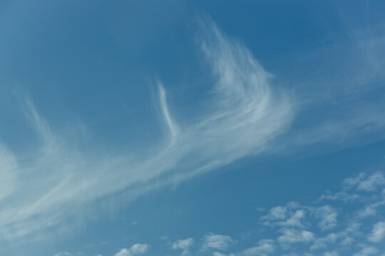 Full frame abstract texture cloudscape consisting of cirrus clouds in the blue sky near sunset or sunrise hours