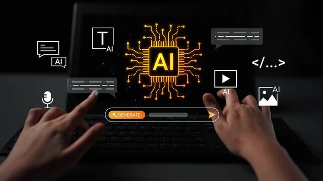 Hands Using Laptop with AI Concept, Circuit Brain, Digital Interface, Data Generation, Open Source Technology, Coding Framework, Innovative Solutions for Future Gluon.