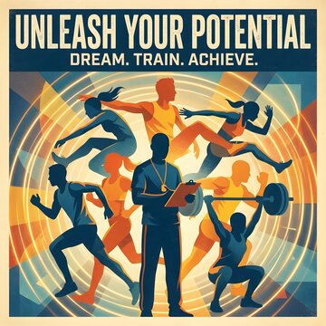 Inspirational sports poster design with athletes and coach showing motivation to unleash your potential.