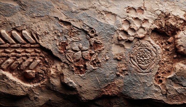 Fossil imprints in reddish-brown rock.  Detailed texture