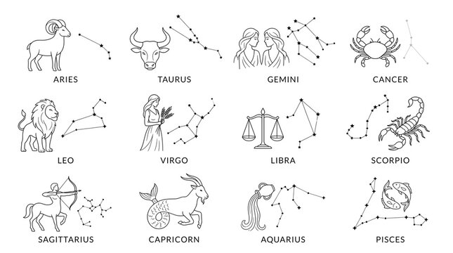 Zodiac signs and star constellations set, twelve astrological horoscope icons, minimalist black line art symbols for spiritual branding isolated PNG with Transparent Background