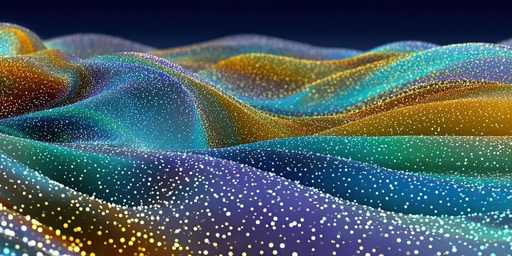 Abstract wavy textured surface of shimmering particles in vibrant colors