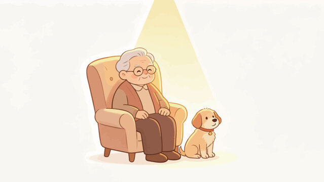 Gentle Grandpa in Armchair with Puppy Under Warm Spotlight