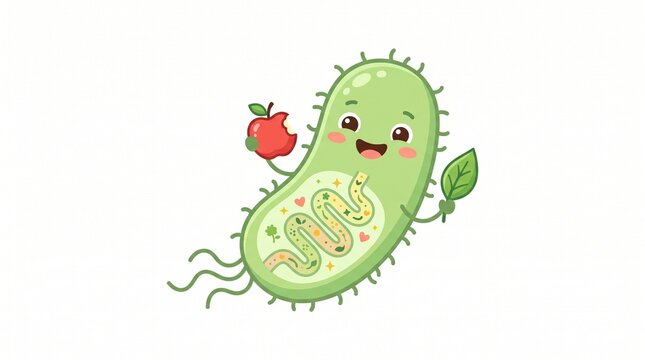Happy probiotic bacteria character holding red apple and green leaf vector illustration isolated on white background. Prebiotic fibers, gut health nutrition, and healthy microbiome concept