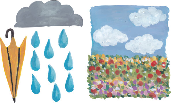 Weather, umbrella and colorful flower field with blue sky hand drawn watercolor art
