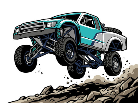 A generic off-road trophy truck fully airborne over rugged terrain, suspension hanging freely, aggressive racing stance