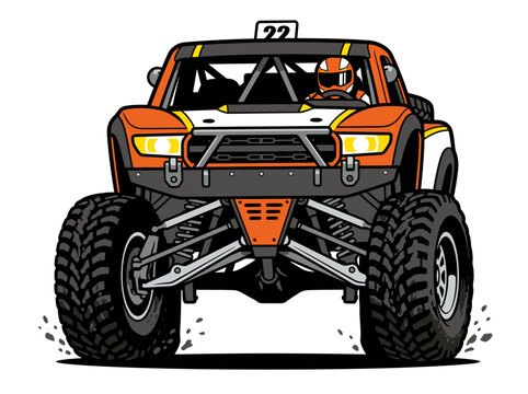 A generic trophy truck charging directly toward the viewer, oversized tires, exposed suspension arms, wide front bumper