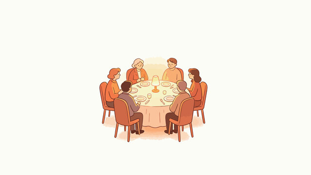 Warm Family Dinner Gathering with Round Table and Lamp