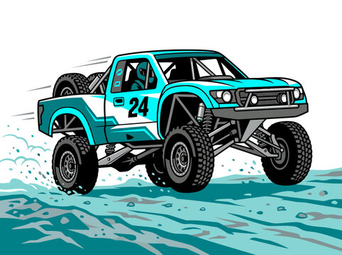 A generic trophy truck speeding across open desert terrain with minimal motion lines, lifted suspension, tubular frame details