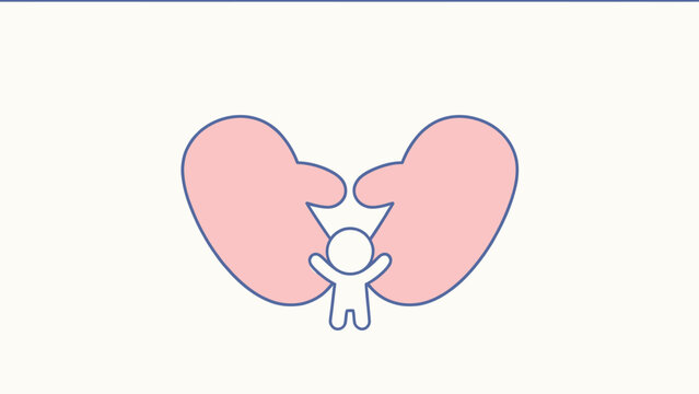 Minimalist illustration of a stick figure embracing pink wings on white